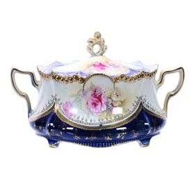 Two Handled Cracker Jar, Marked R.S. Prussia, Medallion Mold, Cream Tones With Cobalt Blue Border