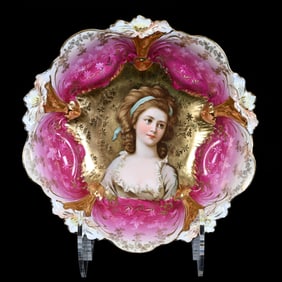 Footed Bowl, Unmarked R.S. Prussia, Lily Mold - Potocka Portrait On Gold Ground, Pink & Cream Border