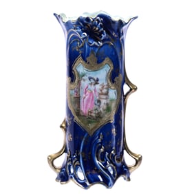 Vase, Two Handles, Marked Royal Vienna, Shield Shaped Medallion Scene Of Woman With Watering Can