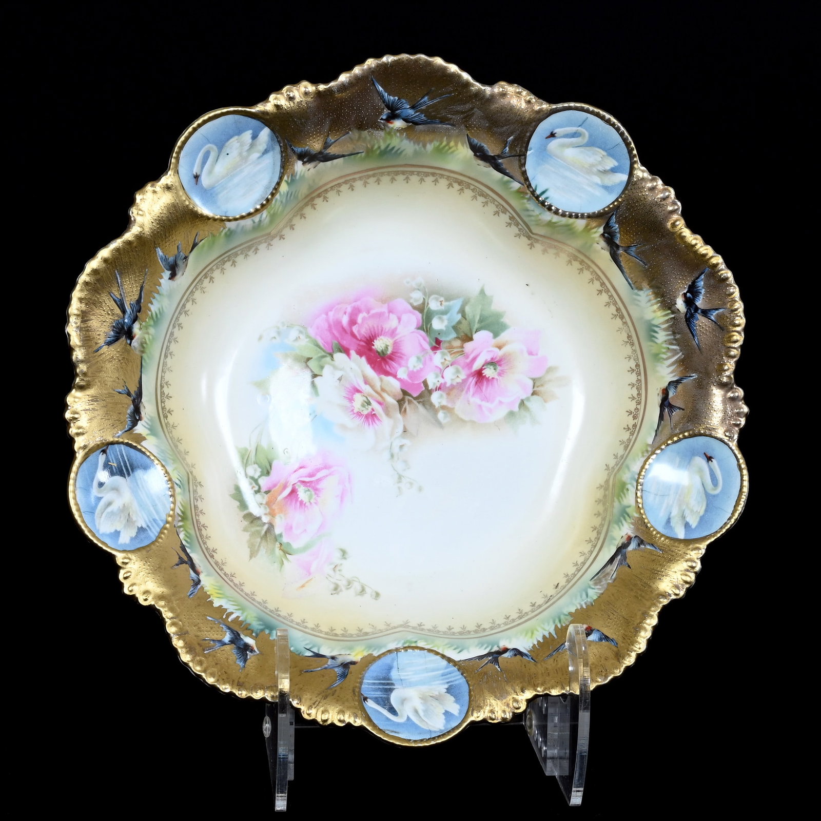 Bowl, Marked R.S. Prussia, Medallion Mold, Cream Center With Floral Decor: Bowl, Marked R.S. Prussia, Medallion Mold, Cream Center With Floral Decor, 11", Unique Bluebird And Gold Tapestry Border With Swan Scenic Medallions, Rim Hairline Repair, Christine And The Late Bob We