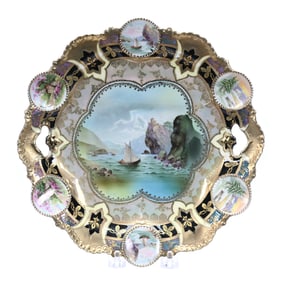 Cake Plate Marked R.S. Prussia, Medallion Mold, Old Man In Mountain Scenic Decor
