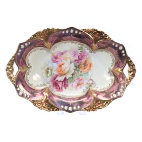 Bread Bowl, Marked R.S. Prussia, Point And Clover Mold, Cream Center With Floral Decor
