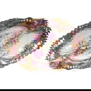 Bread Bowl, Marked R.S. Prussia, Point And Clover Mold, Cream Center With Floral Decor: Bread Bowl, Marked R.S. Prussia, Point And Clover Mold, Cream Center With Floral Decor, 13" x 8.5", Iridescent Tiffany And Pink Border With Heavy Gold And Opal Jewel Highlights, Christine And The
