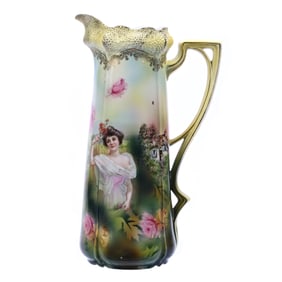 Tankard, Marked R.S. Prussia, Stipple Mold, Double Scene Summer Season Portrait & Cottage