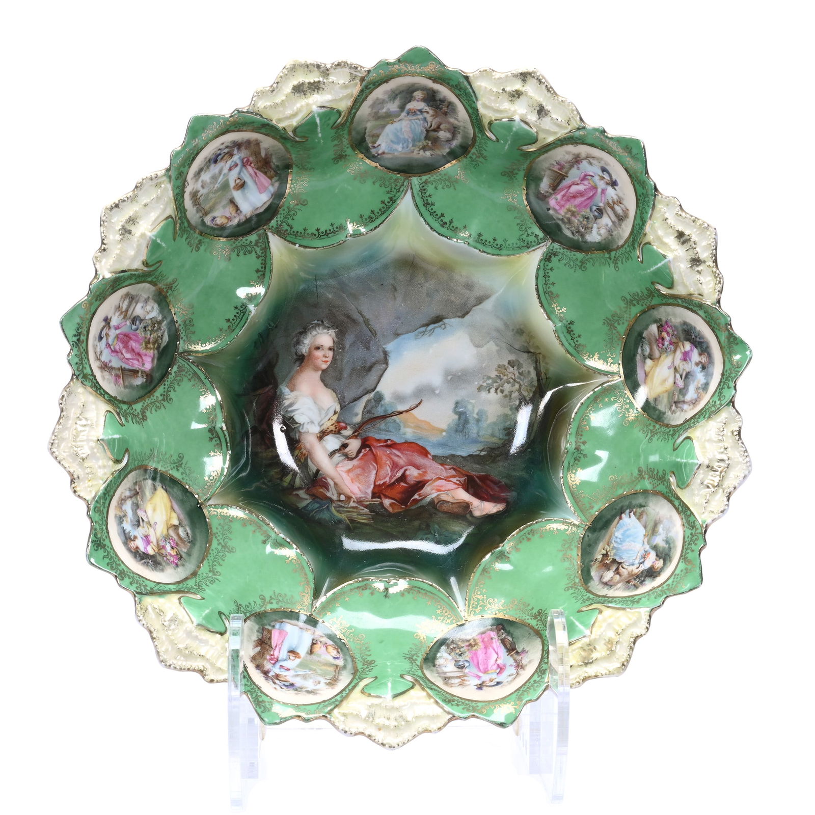Bowl, Marked R.S. Prussia, Center Scene Of Diana The Huntress , Green And Yellow Border (1 of 3)