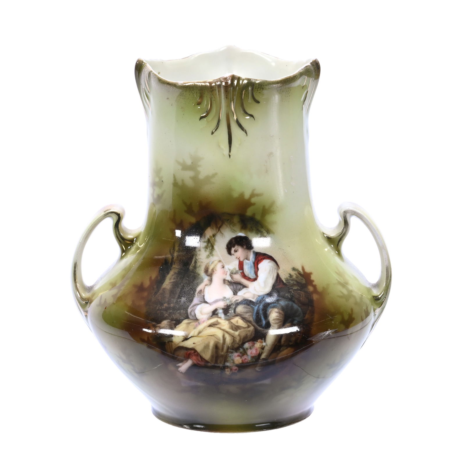 Two Handled Vase, Marked R.S. Prussia, Green Tones With Bird And Cage Scenic Decor (1 of 3)