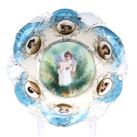 Bowl, Marked R.S. Prussia, Fall Season Center Portrait Decor With Cream And Blue Border