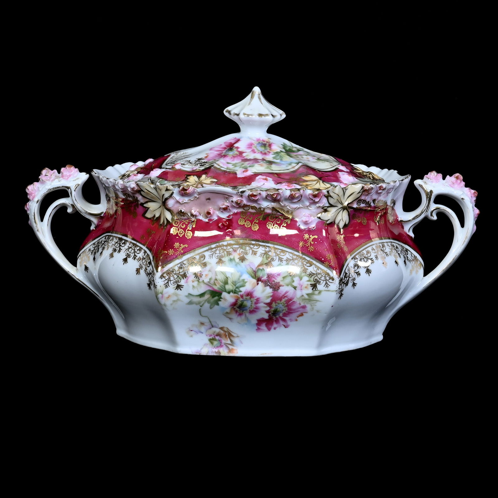 Cracker Jar, Two Handles, R.S. Steeple Mark, Rosebud Mold (1 of 3)