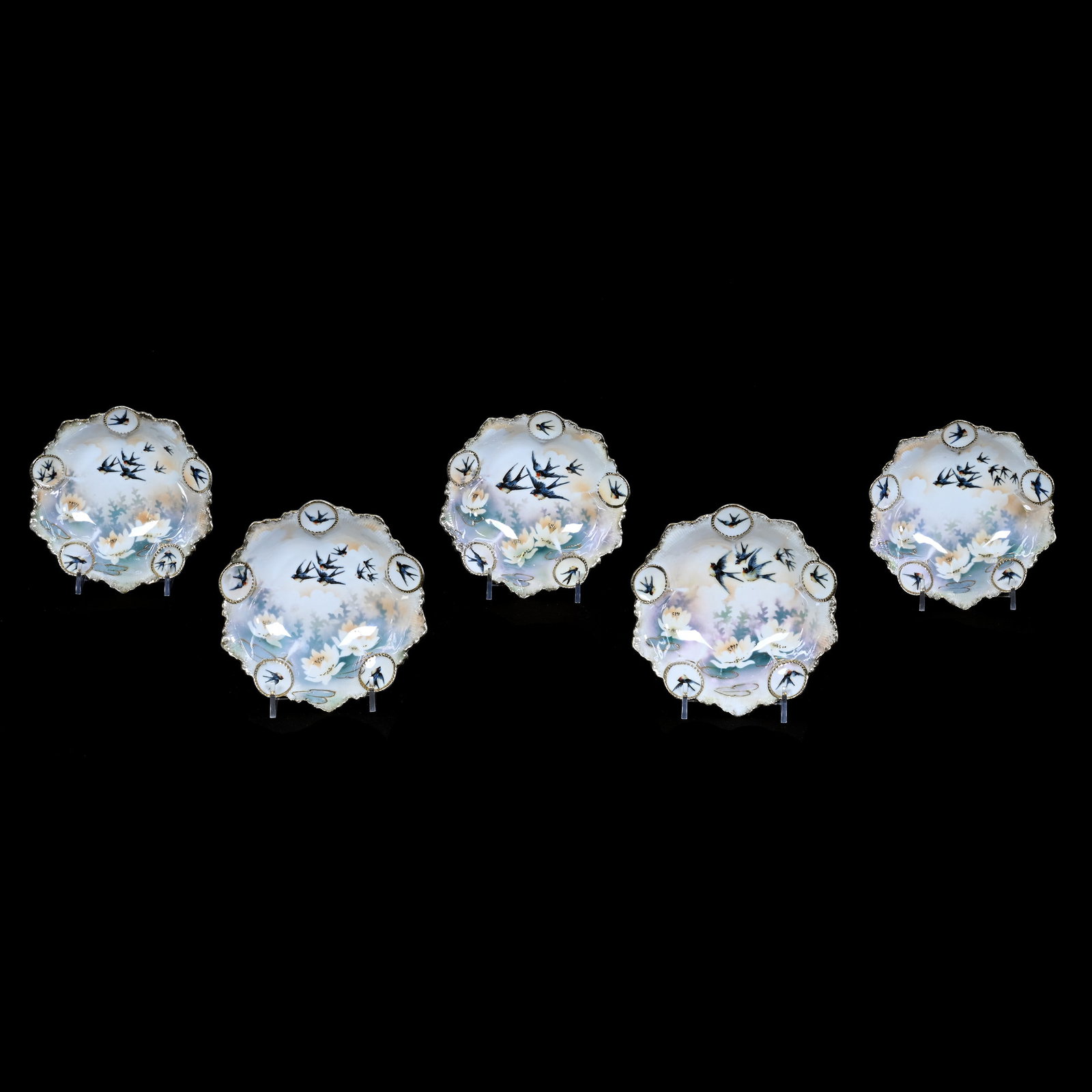 (5) Berry Bowls, Unmarked R.S. Prussia, Medallion Mold, Bluebird & Waterlily Decor: (5) Berry Bowls, Unmarked R.S. Prussia, Medallion Mold, Bluebird & Waterlily Decor, 5.5", Luster Finish, Michigan Private Collection.