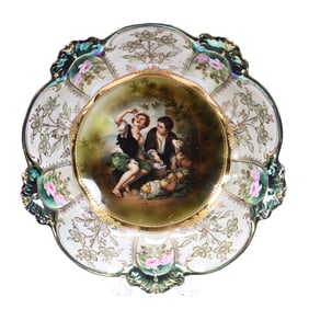 Bowl, Marked R.S. Prussia, Mold #330 Melon Eater Scenic Decor With Cream Luster Finish And Green