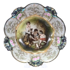 Bowl, Marked R.S. Prussia, Mold #330, Dice Thrower Scenic Decor With Cream Luster Finish And Green