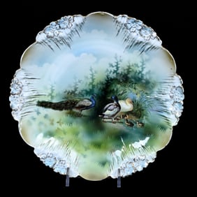 Plate Marked Wheelock Prussia, Icicle Mold, Double Scene Ducks And Peacock Decor