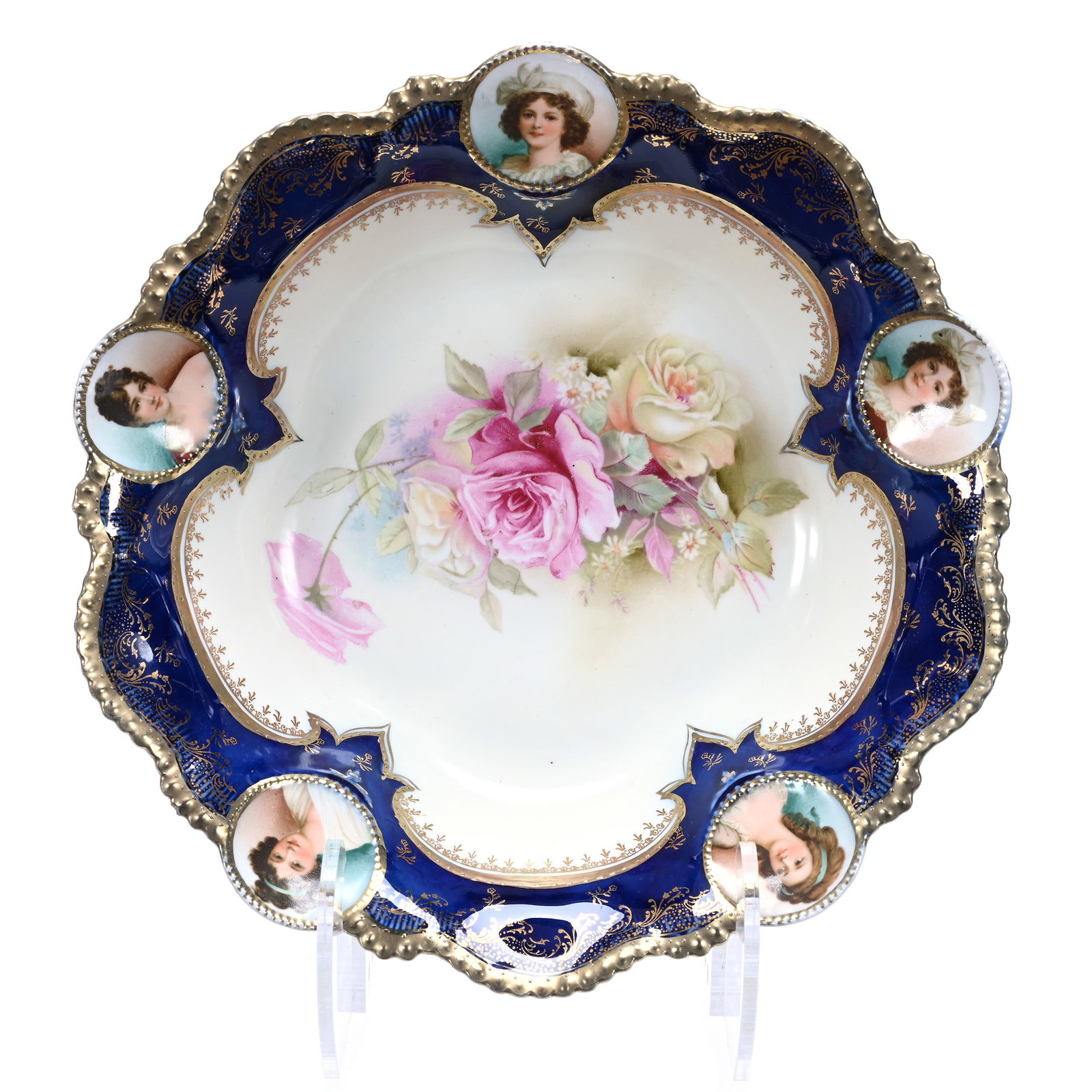 Bowl Marked R.S. Prussia, Medallion Mold, (5) Medallion Portraits Featuring Potocka, Recamier,: Bowl Marked R.S. Prussia, Medallion Mold, (5) Medallion Portraits Featuring Potocka, Recamier, Lebrun With Hat And Lebrun With Ribbon, 11", White Center, Pink And Yellow Rose Decor, Cobalt Blue Border