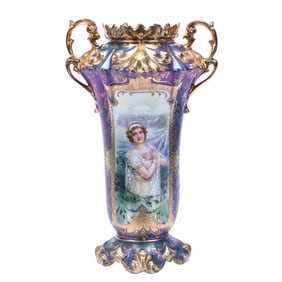 Vase, Two Handles, Marked R.S. Prussia Fleur De Lys Mold, Winter Season Keyhole Portrait
