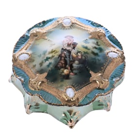 Powder Box, Unmarked R.S. Prussia, Ribbon & Jewel Mold, Melon Eaters Scenic Decor