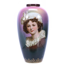 Vase, Unmarked R.S. Prussia, Mold #910, Green And Lavender Tones, Lebrun With Hat Portrait Decor