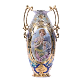Two Handled Vase, Marked Prov Saxe, Large Medallion Scene Of Woman And Bluebirds