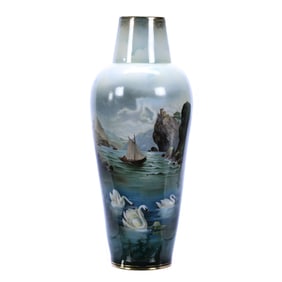 Vase, Unmarked R.S. Prussia, Rare Double Scene Of Old Man In Mountain & Swan Decor