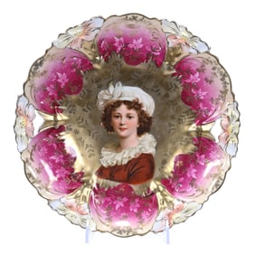 Two Handled Cake Plate, Unmarked R.S. Prussia, Lily Mold - Lebrun W/ Hat Portrait On Gold Ground