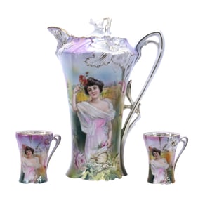 Chocolate Set Marked R.S. Prussia, Carnation Mold, Summer Season Portrait