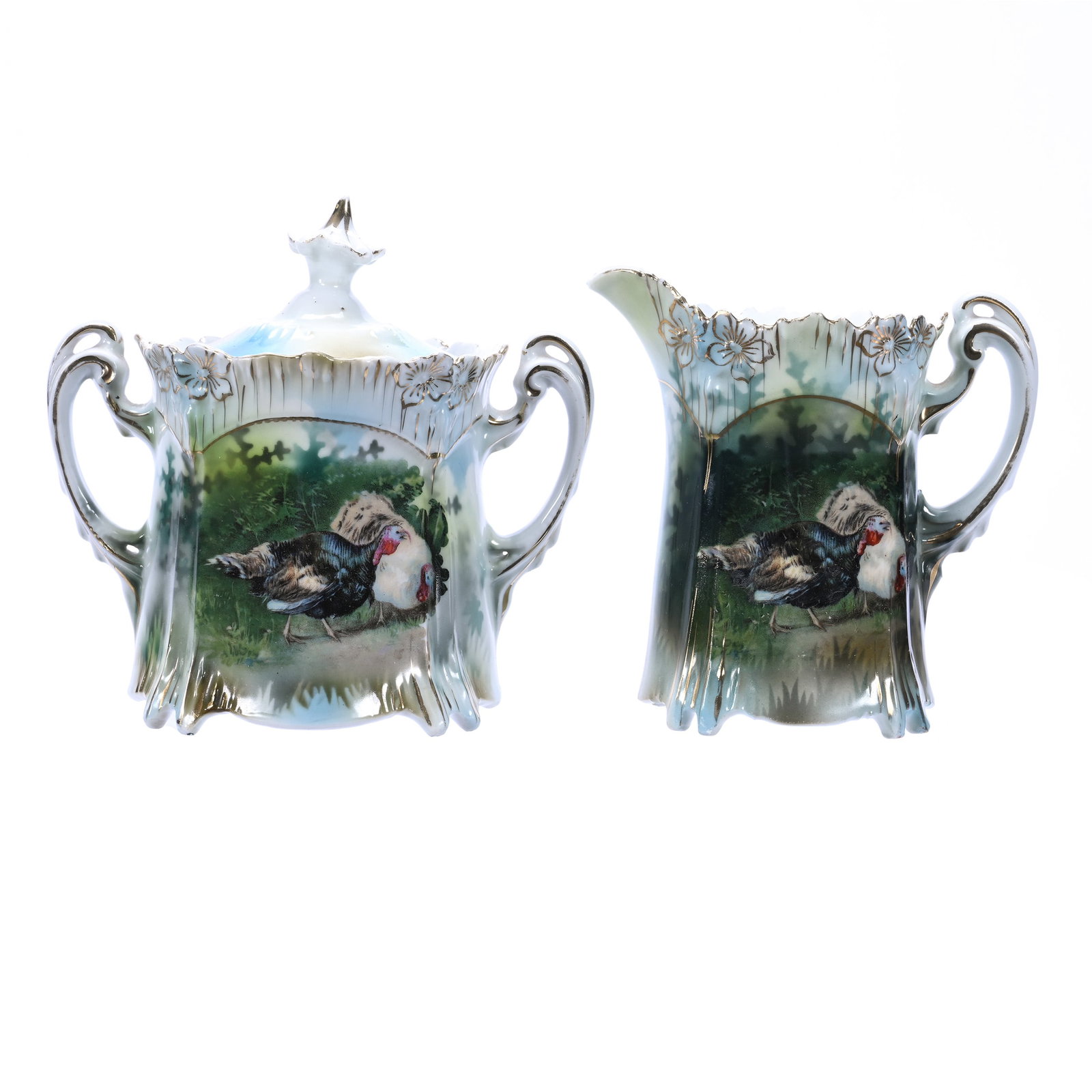 Creamer & Sugar Set Marked R.S. Prussia, Icicle Mold: Creamer & Sugar Set Marked R.S. Prussia, Icicle Mold, 4.75" x 5", Turkey Scenic Decor, Illinois Private Collection.