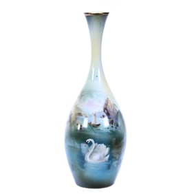 Vase, Bowling Pin Shape, Marked R.S. Prussia, Two Scenes - Old Man In Mountain And Swan Decor