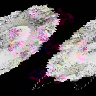 Center Bowl Marked R.S. Prussia, Carnation Mold: Center Bowl Marked R.S. Prussia, Carnation Mold, 15", Pink And Yellow Tones, Pink And White Rose Decor, Gold Trim Highlights, Christine And The Late Bob Welter.