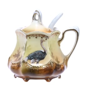Mustard Pot Marked R.S. Prussia, Rare Ostrich Scenic Decor
