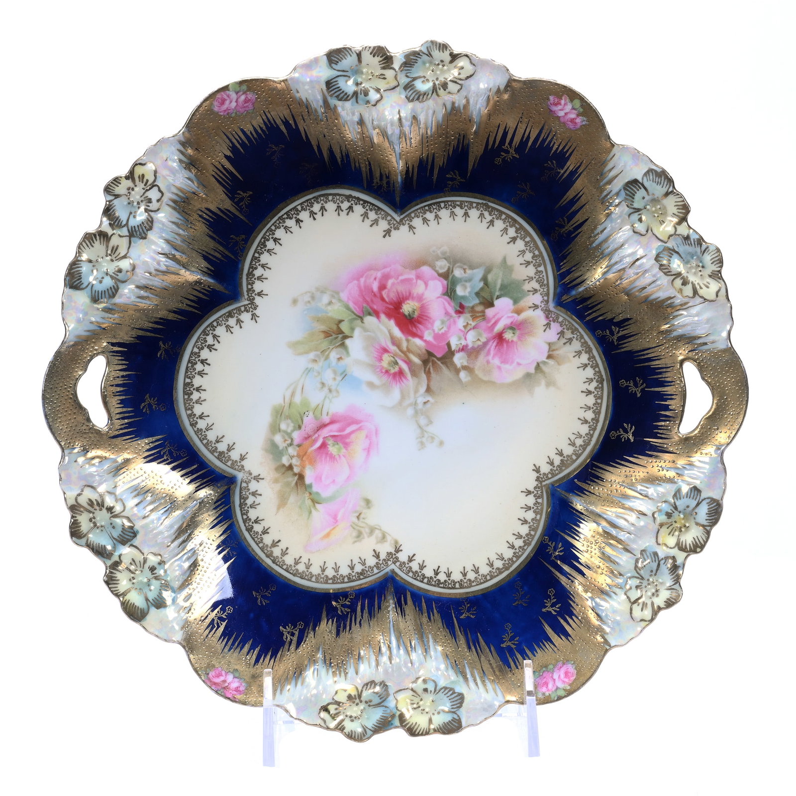 Cake Plate Marked R.S. Prussia, Icicle Mold: Cake Plate Marked R.S. Prussia, Icicle Mold, 10", Cream Center, Floral Decor, Cobalt Blue Border, Gold Tapestry Icicle Highlights, Christine And The Late Bob Welter.