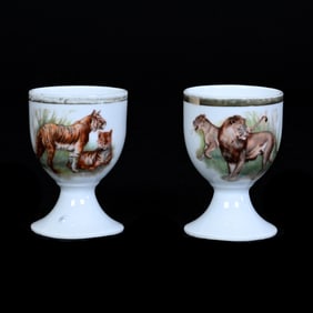 Pair Egg Cups, Unmarked Germany, Rare Tiger And Lion Scenic Decors