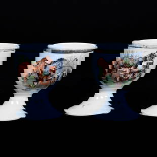 Pair Egg Cups, Unmarked Germany, Rare Tiger And Lion Scenic Decors: Pair Egg Cups, Unmarked Germany, Rare Tiger And Lion Scenic Decors, 2.5" x 1.75", White Background, Illinois Private Collection.