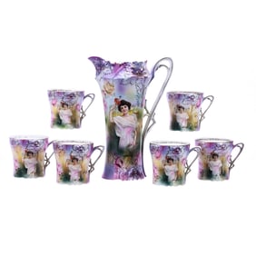 Tankard Set Marked R.S. Prussia, Carnation Mold, Summer Season Portrait