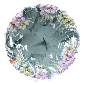 Cake Plate, R.S. Steeple Mark, Floral Mold With Rare Green Marble Decor