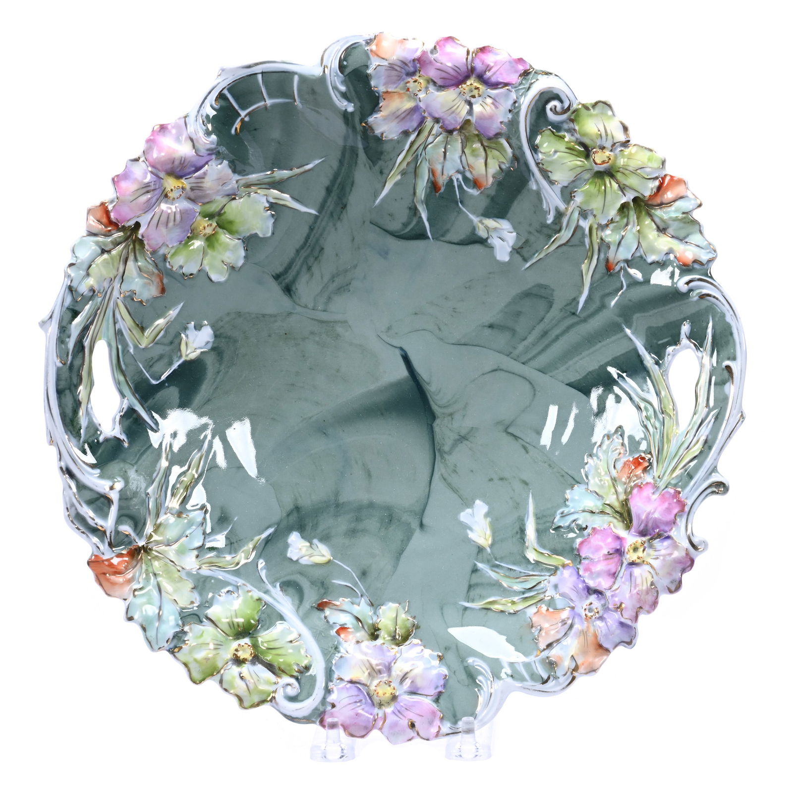 Cake Plate, R.S. Steeple Mark, Floral Mold With Rare Green Marble Decor (1 of 2)