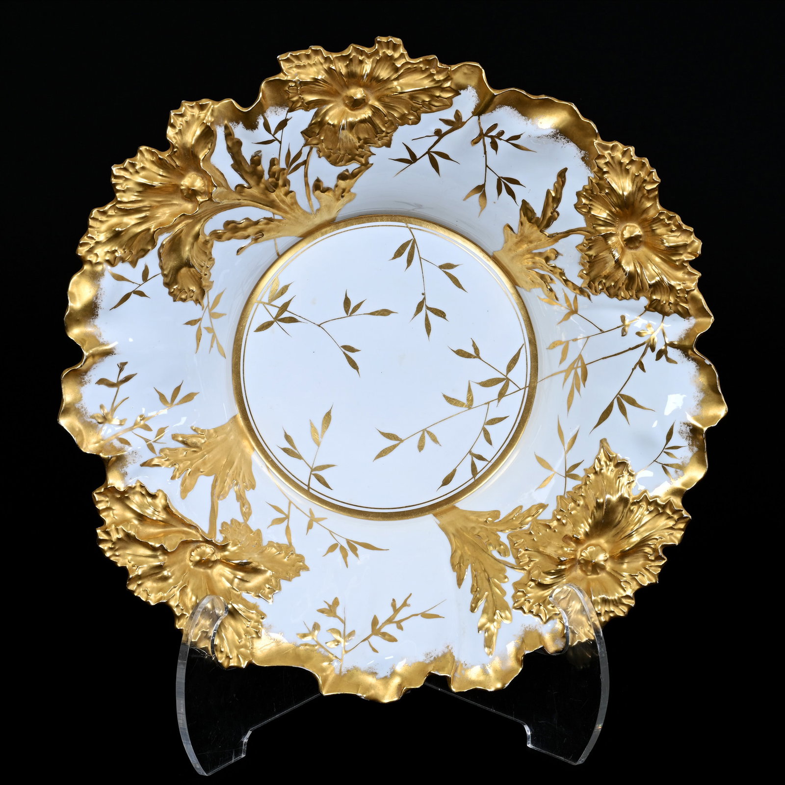 Center Bowl, Unmarked R.S. Prussia, Carnation Mold: Center Bowl, Unmarked R.S. Prussia, Carnation Mold, 15", Two Tone White With Elaborate Heavy Gold Highlights, Jeweler's Stamp On Back "William Lycett, Atlanta Georgia", Rim Nick, Christine And The Lat
