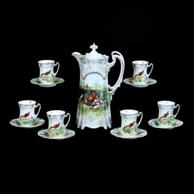 Chocolate Set Marked R.S. Prussia, Icicle Mold, Barnyard Scenic Decor