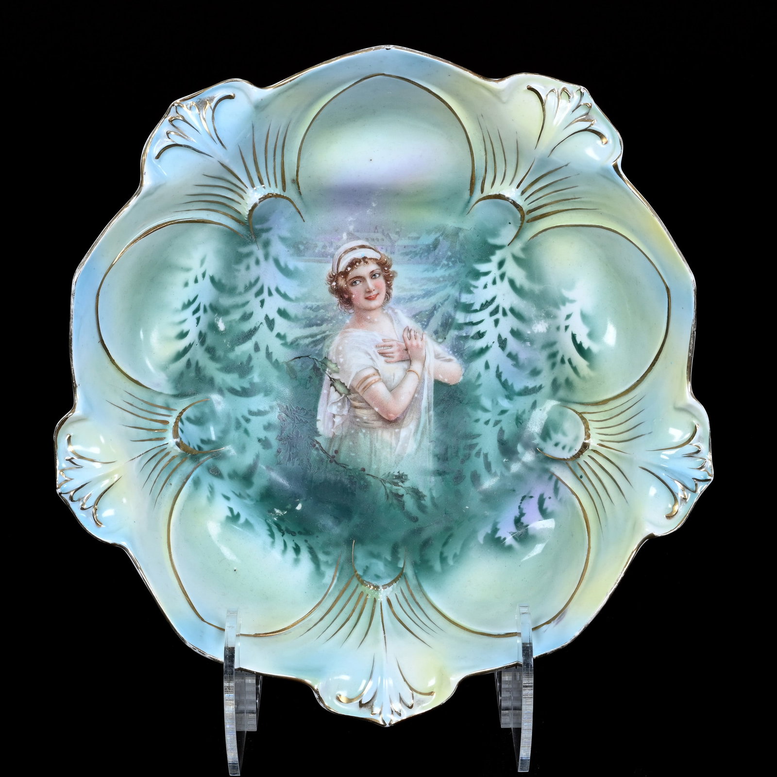 Bowl Marked R.S. Prussia, Winter Season Portrait: Bowl Marked R.S. Prussia, Winter Season Portrait, 10.75", Green, Yellow And Blue Tones, Gold Trim Highlights, Christine And The Late Bob Welter.