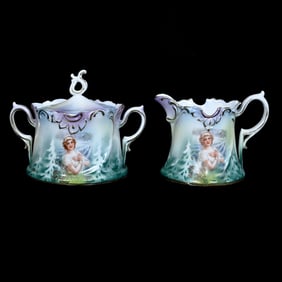 Creamer & Sugar Set Marked R.S. Prussia, Winter Season Portrait