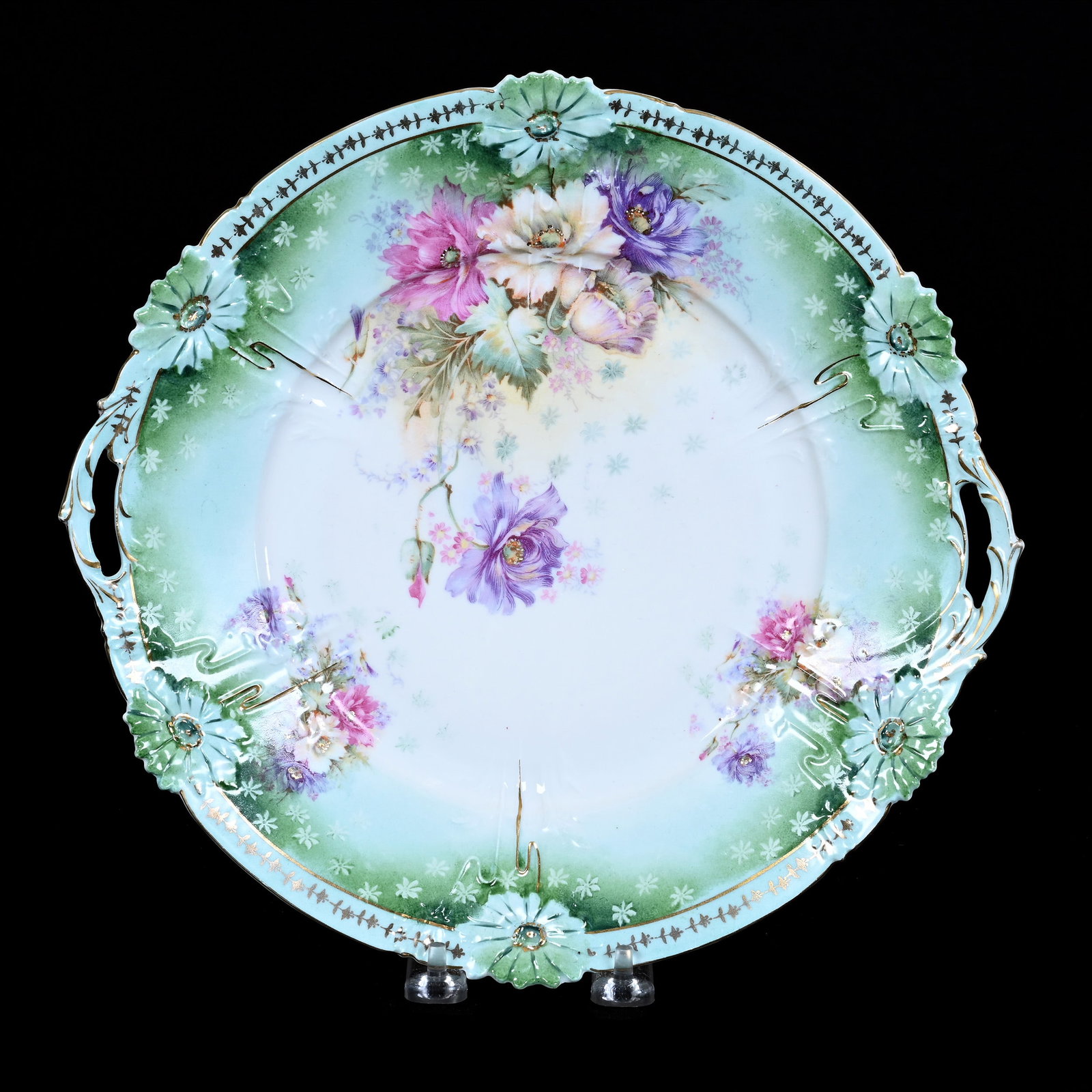 Cake Plate, Unmarked Early R.S. Prussia: Cake Plate, Unmarked Early R.S. Prussia, 11.5", Green, Teal, Cream And White Tones, Wild Floral Decor, Illinois Private Collection.