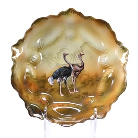 Bowl, Marked R.S. Prussia, Rare Ostrich Scenic Decor, Brown Tones With Green Foliage Background
