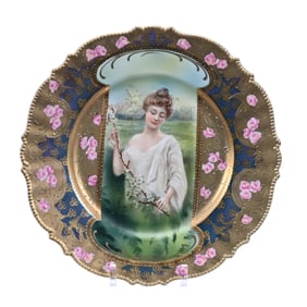 Plate, Marked R.S. Prussia, Mold 343 Spring Season Keyhole Portrait W/ Iridescent Tiffany Border