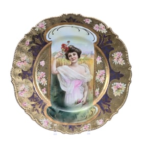 Plate, Marked R.S. Prussia, Mold 343 Summer Season Keyhole Portrait W/ Iridescent Tiffany Border
