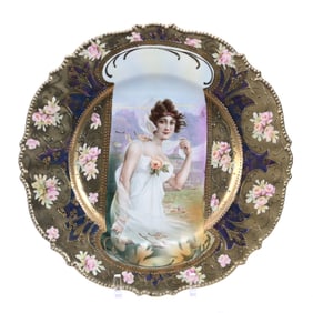 Plate, Marked R.S. Prussia, Mold 343 Fall Season Keyhole Portrait W/ Iridescent Tiffany Border
