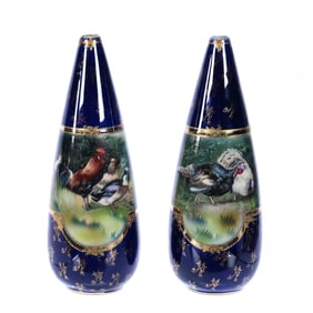Pair Vases, Unmarked R.S. Prussia, Double Scenes Which Include Farmyard, Pheasant, Turkeys & Turkey
