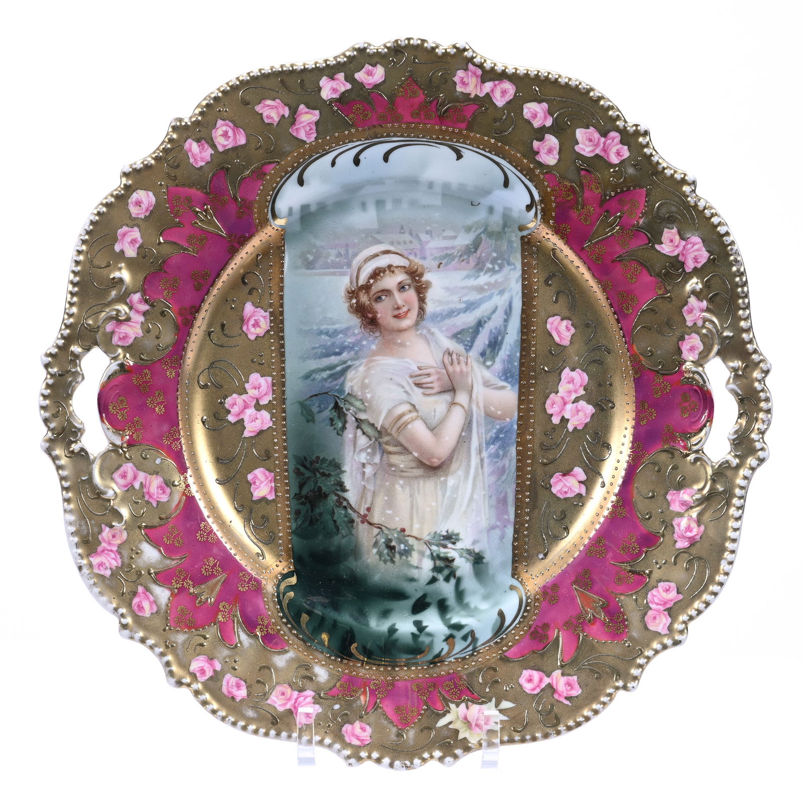 Cake Plate Marked R.S. Prussia, Mold #343, Winter Season Keyhole Portrait (1 of 2)