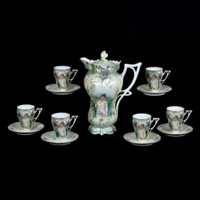 Chocolate Set Marked R.S. Prussia, Iris Mold, Spring Season Portrait