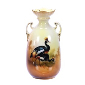 Salesman Sample Vase, Two Handles, Marked R.S. Poland, Black Crane Decor