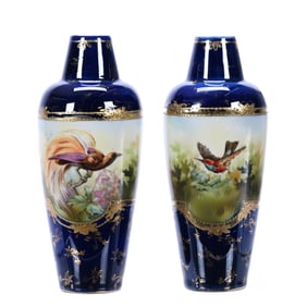 Pair Vases, Unmarked R.S. Prussia, Hummingbird & Bird Of Paradise Scenic Decors