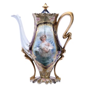 Pedestal Coffee Pot Marked R.S. Prussia, Rare Keyhole Winter Season Portrait