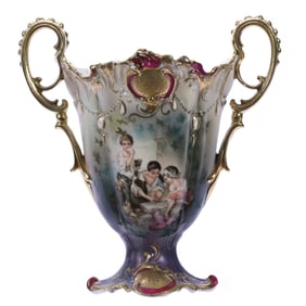 Pedestal Vase, Two Handles, Marked R. S. Prussia, Dice Throwers Scenic Decor